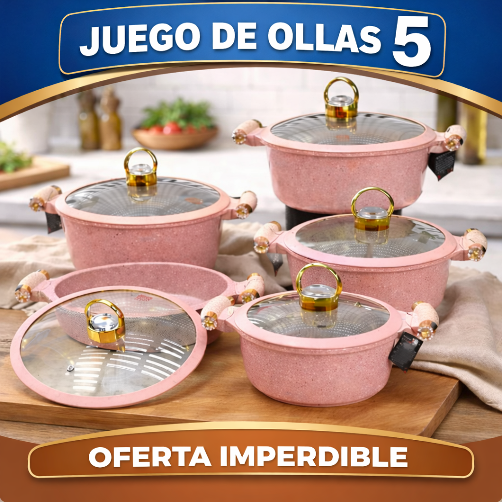 Juego de 5 Ollas de Cerámica Antiadherente con Triple Revestimiento (¡Cociná más rápido y con mucho menos desorden!)